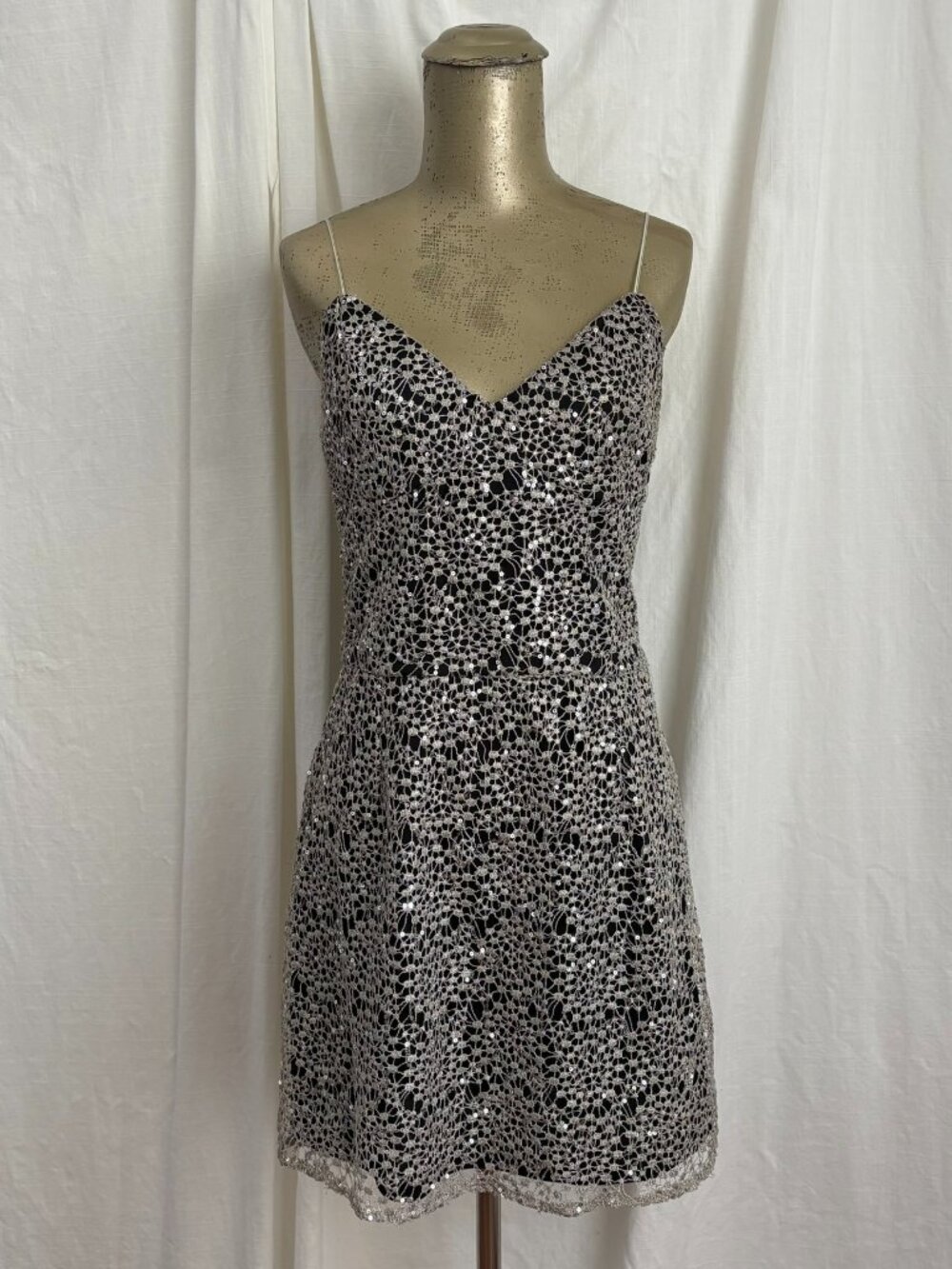 Gianni Bini Black Silver Sequin Crochet Mini Dress Party M Y2K Homecoming Prom